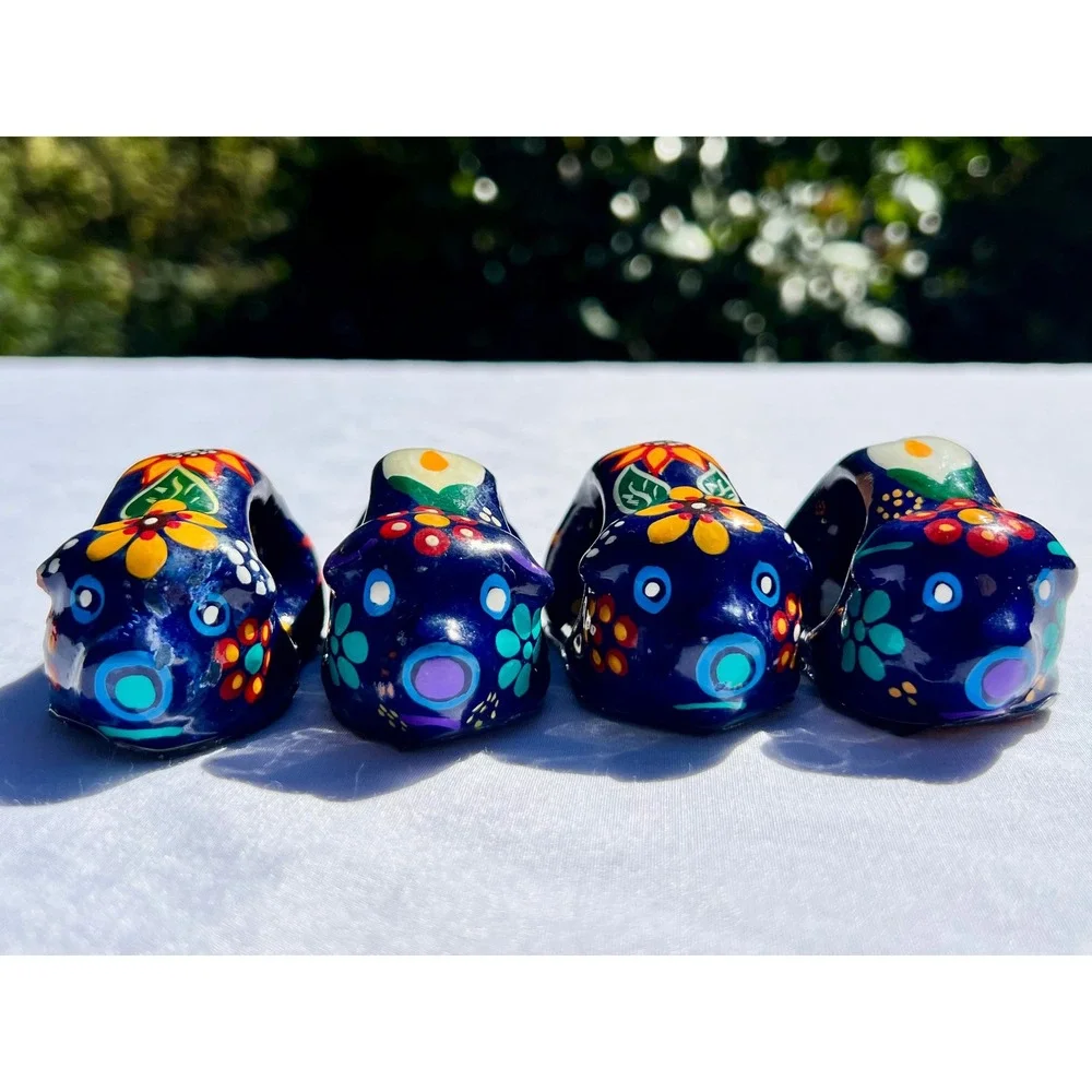 Talavera Pig Napkin Rings Set of 4 Hand Painted Mexican Pottery Floral Blue